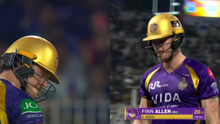 Finn Allen punches bat in anger after being dismissed by Lungi Ngidi in KKR vs D